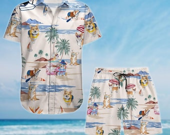Corgi Button Shirt And Short, Funny Dog Hawaiian Shirt, Animal Shirt, Short Sleeve Shirt, Family Vacation Summer Shirt, Pet Lovers Gift