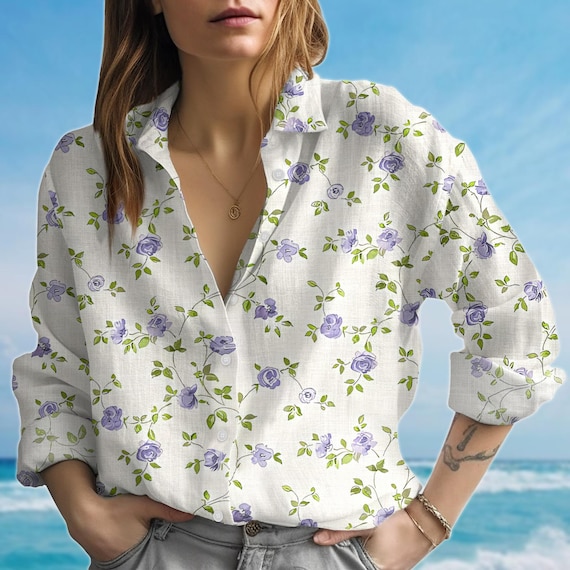 Purple Rose Floral Blouse Shirt for Women, Lightweight Button Down