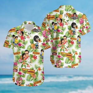 Camisa con botones de Bob Burger, camisa hawaiana de Louise Belcher, camisa familiar de Bob Burger, camisa de película de dibujos animados, camisa de vacaciones familiares, regalo divertido