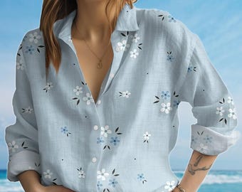 Light Blue Floral Blouse Shirt, Minimalist Women Shirt, Casual Summer Vacation Shirt, Vintage Flowers Women Blouse Shirt, Gift For Her