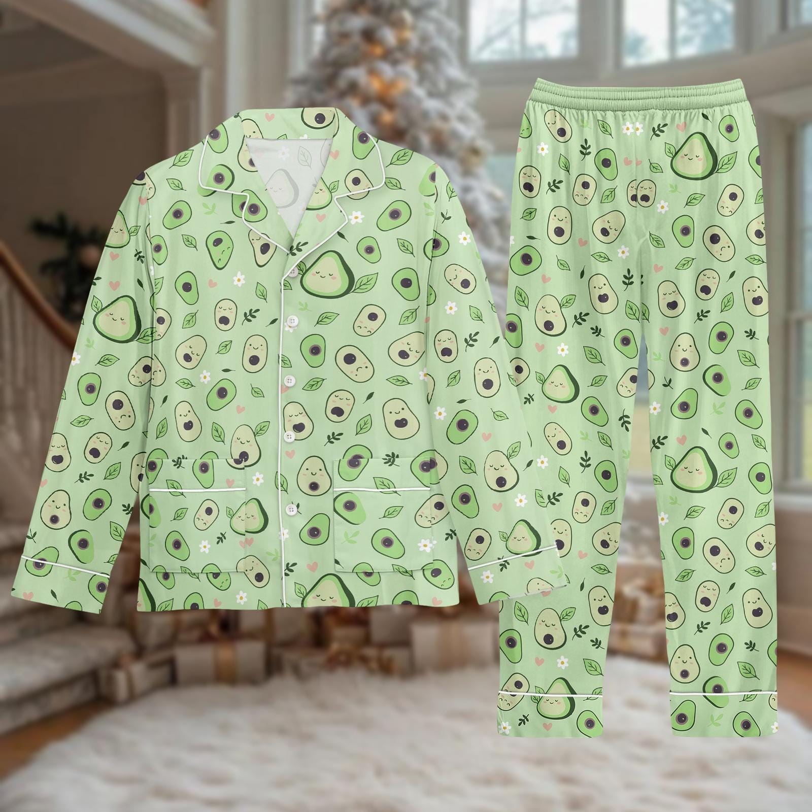 Discover Avocado Pajamas Set, Long Sleeve Sleepwear, Cute Nightwear Gift For Her, Cozy Loungewear For Christmas Morning