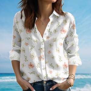 Vintage Floral Blouse Shirt, Soft Button Women Shirt, Spring Long Sleeve Casual Shirt, Garden Lovers Shirt, Birthday Gift For Her