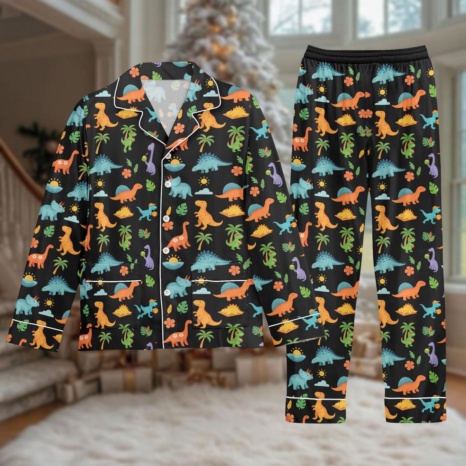 Discover Dinosaur Pajamas Set, Long Sleeve Sleepwear, Fun Gift For Kids, Cozy Loungewear For Home, Holiday Surprise