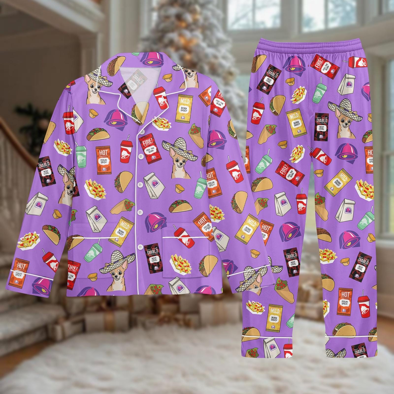 Discover Mexican Food Pajamas Set, Long Sleeve Sleepwear, Taco Lover Gift For Women, Fun Loungewear For Christmas Morning, Holiday