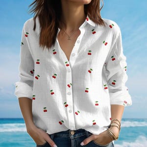 Kirschbluse Shirt für Frauen, süßes Obst Casual Shirt, weiches Frühling Sommer Shirt, Retro Picknick Shirt, Urlaub Shirt, Geschenk für sie