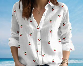 Camicia con ciliegie da donna, camicia casual con frutta carina, camicia morbida primaverile ed estiva, camicia da picnic retrò, camicia da vacanza, regalo per lei
