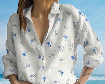 Blue Floral Blouse Shirt, Elegant Women Shirt, Minimalist Spring Summer Shirt, Casual Vacation Shirt, Birthday Gift For Her