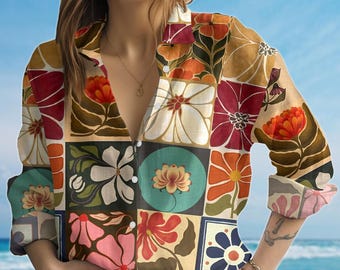 Retro Floral Blouse Shirt, Colorful Flower Button Up Women, Vintage Aesthetic Long Sleeve Shirt, Boho Spring Summer Shirt, Gift For Her