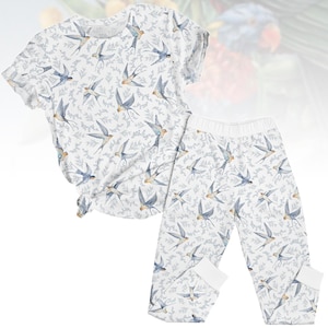 Swallow Bird Tee & Pants PJs, Boho Cozy Matching Pajamas Set, Spring Vibes Women Pyjama, Gift for Nature Lover