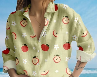 Apple Blouse Shirt, Red Apple Women Shirt, Fruit Floral Casual Shirt, Summer Cottagecore Shirt, Cute Women Blouse, Gift For Her