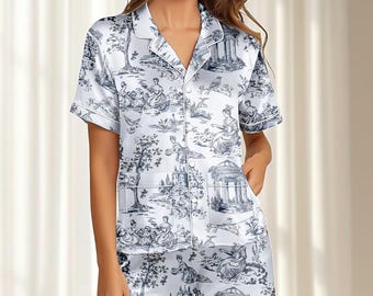 Toile De Jouy Satin Pajamas Short Set, Vintage French Women Sleepwear, Elegant Blue White Pjs, Rococo Loungewear, Birthday Gift For Her