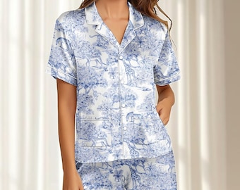 Pijama corto de satén con estampado de animales de safari, ropa de dormir de jungla azul y blanca, pijama de mujer con estampado de jirafa y tigre, bonito pijama a juego, regalo para ella