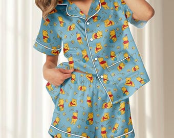 Pijama corto de satén de Winnie The Pooh, ropa de dormir para mujer Honey Bear, pijamas de dibujos animados, ropa de dormir de Disneyland, artículos de Magic Kingdom