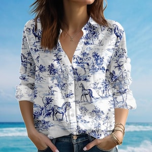 Horse Print Toile Blouse Shirt, Blue White Equestrian Shirt, Country Cottagecore Women Shirt, Vintage Horse Casual Shirt, Gift For Her