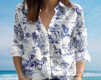 Horse Print Toile Blouse Shirt, Blue White Equestrian Shirt, Country Cottagecore Women Shirt, Vintage Horse Casual Shirt, Gift For Her