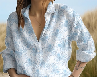 Floral Blouse Shirt, Women Button Shirt, Casual Women Shirt, Vacation Outfit, Summer Ladies Top, Flower Women Blouse, Gift For Her