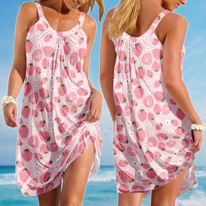 Pink Strawberry Cartoon Sling Summer Dress, Cute Kawaii Fruit Sundress, Soft Girl Beach Dress, Pastel Aesthetic Dress, Gift For Her