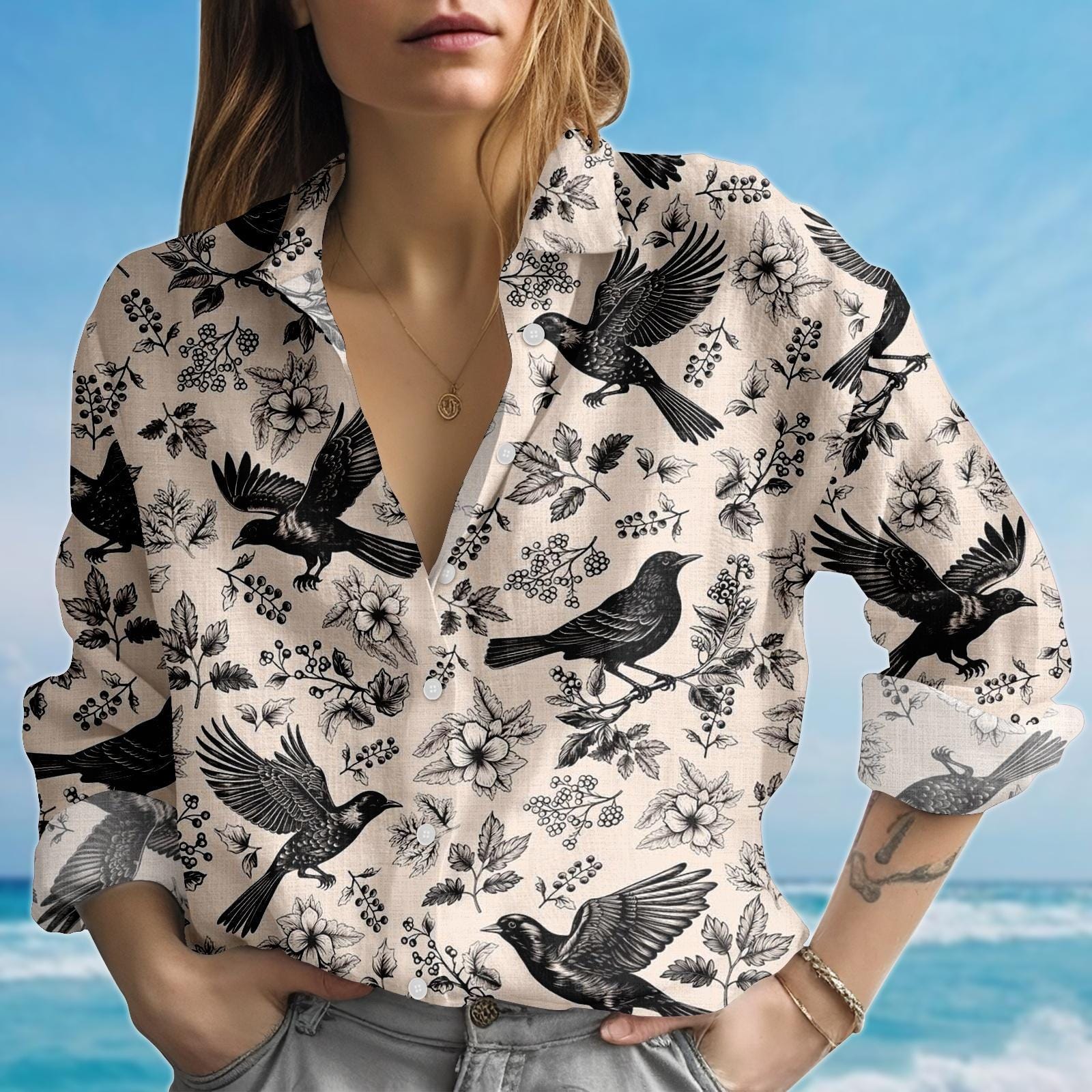 Vintage Bird Floral Blouse Shirt, Nature Lovers Casual Shirt, Cottagecore Raven Shirt, Cute Animal Women Shirt, Birthday Gift For Her