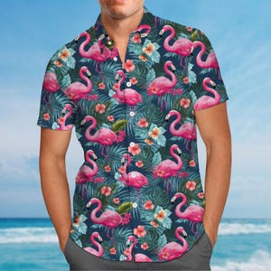 Cute Flamingo Button Shirt, Nature Shirt For Men, Pink Flamingo Hawaiian Shirt, Tropical Shirt, Flamingo Summer Shirt, Gift For Him