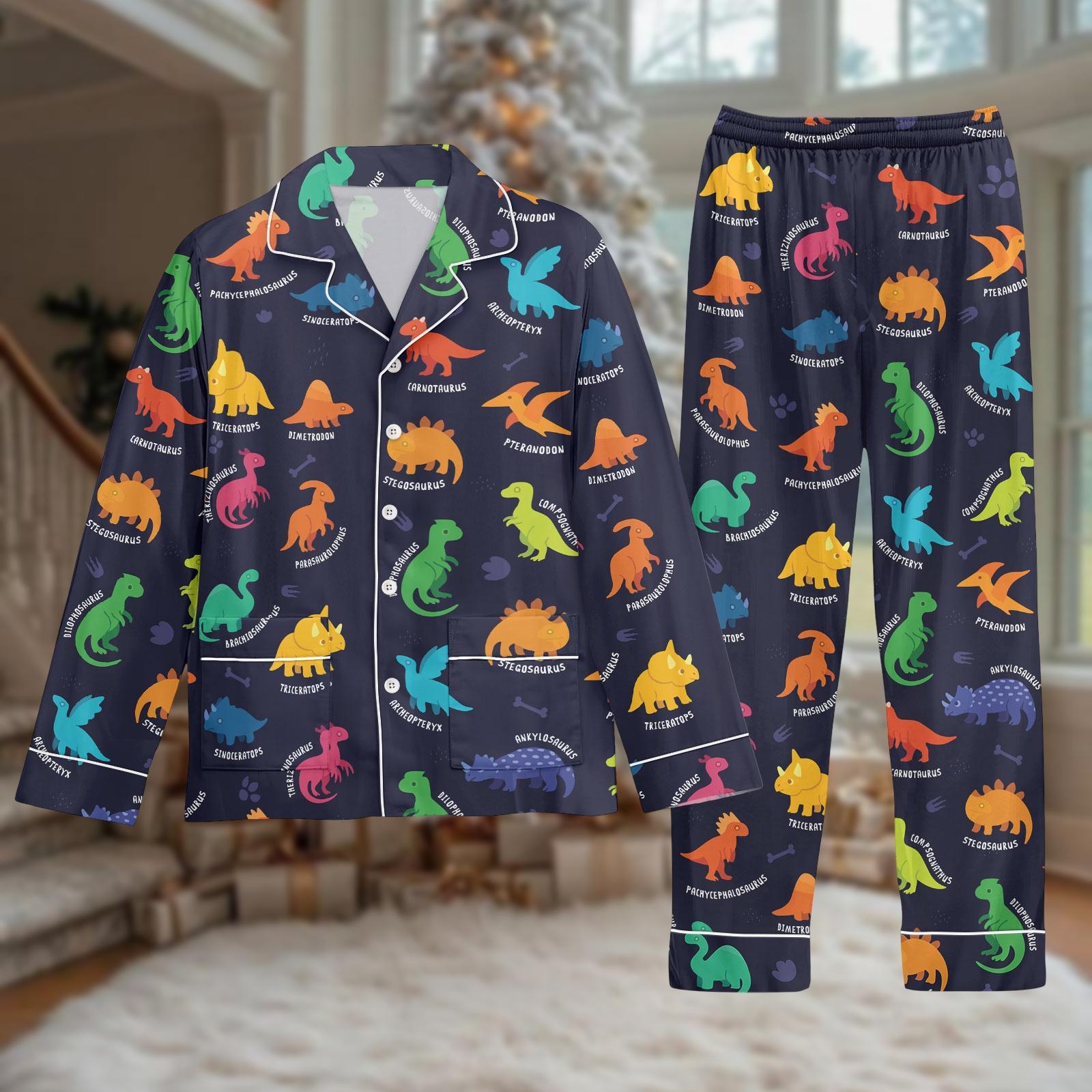 Discover Dinosaur Pajamas Set, Long Sleeve Sleepwear, Fun Gift For Kids, Cozy Loungewear For Bedtime Story, Dino Holiday Gift