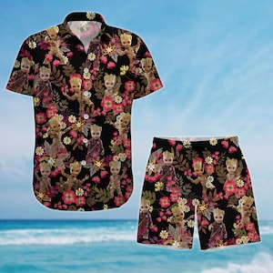 May include: A black and red Hawaiian shirt and matching shorts with a repeating pattern of a cartoon character with a leafy head and flowers.