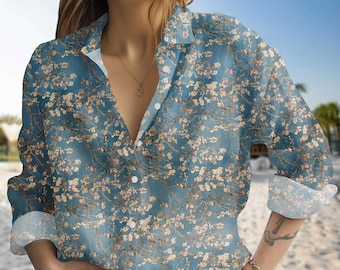 Shirt met amandelbloesemkunst, Van Gogh bloemenblouse, blauwe botanische button-down, artistiek natuurshirt voor dames