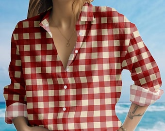 Blusa de cuadros rojos, camisa vintage para mujer, blusa a cuadros para mujer, camisa informal retro de otoño para chica campestre, regalo para ella