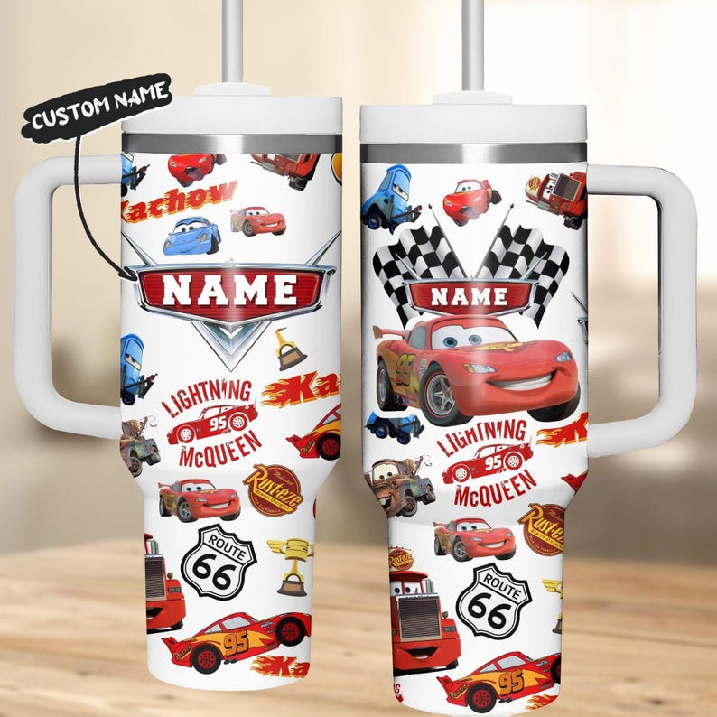 Personalized Lightning Mcqueen Tumbler 40Oz, Pixar Cars Coffee Tumbler, Disney Trip Merch, Family Vacation Merch, Gift For Him