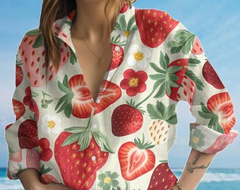 Strawberry Blouse Shirt, Cute Fruit Shirt For Women, Summer Vacation Berry Blouse, Strawberry Lovers Shirt, Birthday Gift For Her