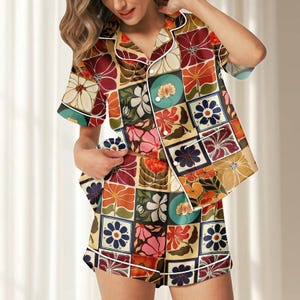 Retro Mosaic Floral Satin Pajama Short Set, Colorful Women Sleepwear, Artistic Boho Loungewear, Vintage Matching Pjs, Gift For Her