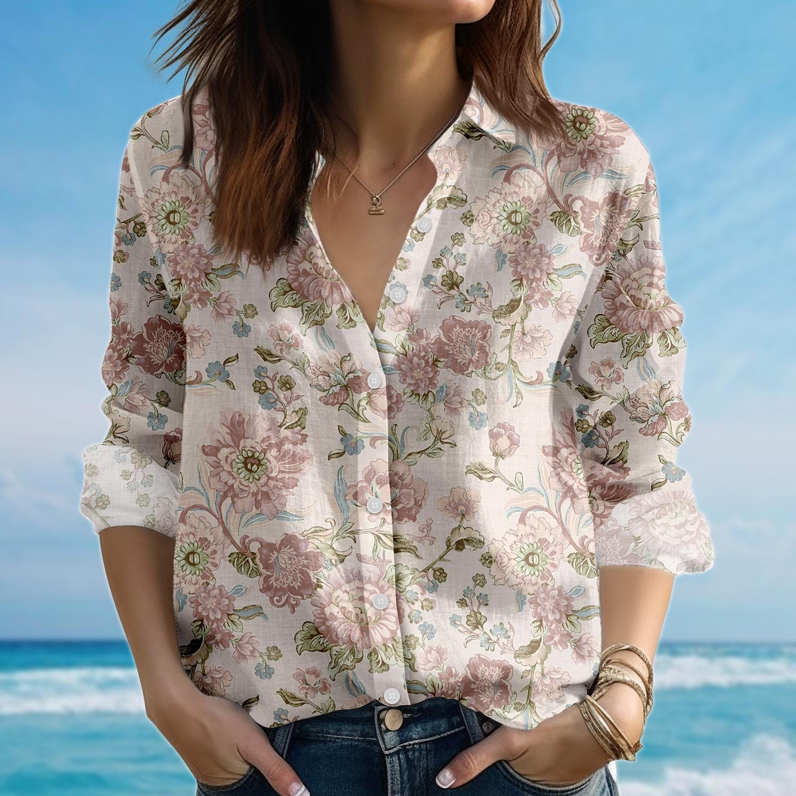 heve／PEONY PEPLUM BLOUSE Jerzey Floral Peplum Blouse in Ecru