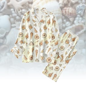 Tjockt snäckskalspyjamaset, lång tjock havspyjamas, nautisk lång pyjamas, matchande pyjamaset för kvinnor, present till strandälskare