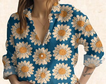 Vintage Sunflower Daisy Blouse Shirt, Summer Floral Shirt For Women, Boho Chic Blouse Women, Bright Vacation Shirt, Gift For Her
