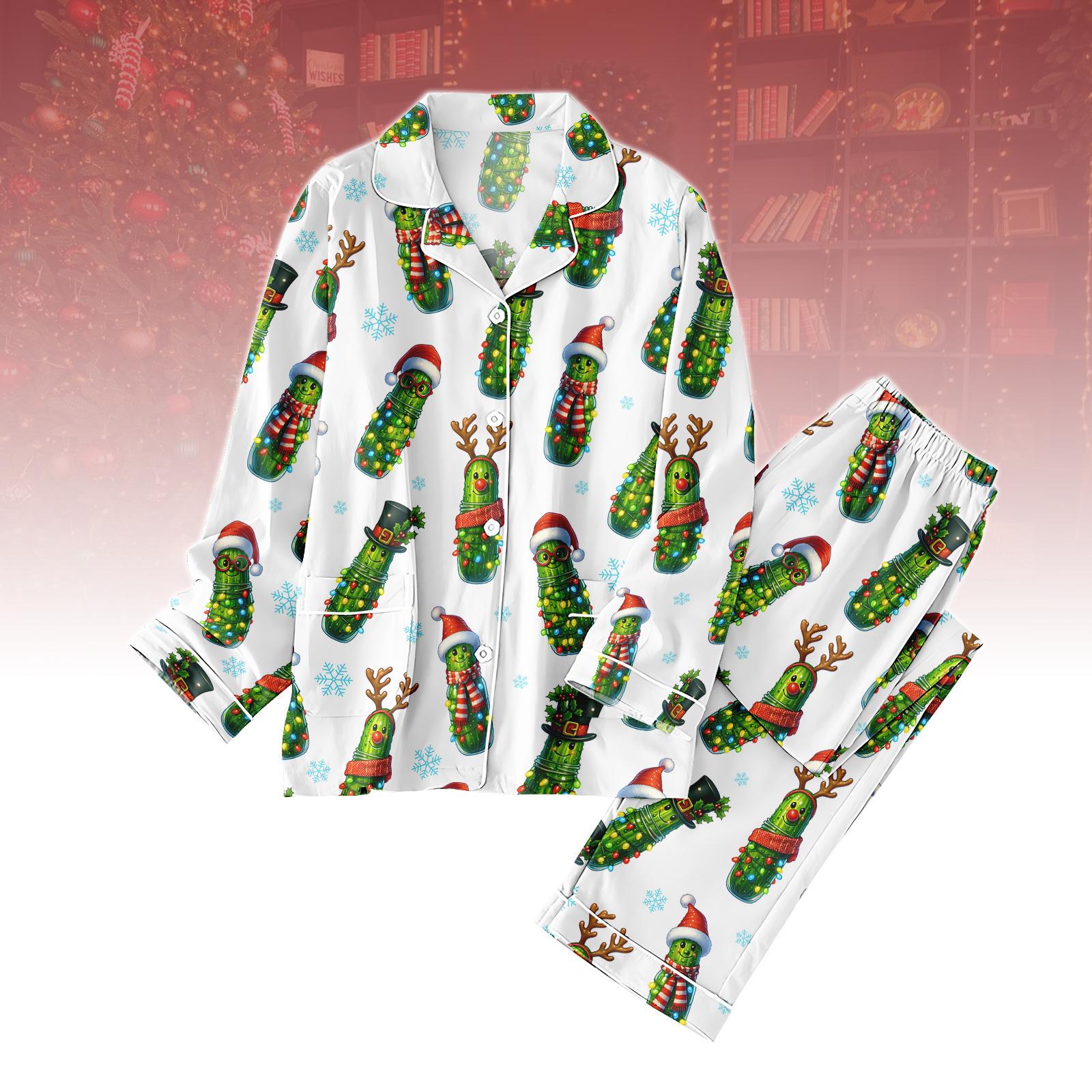 Discover Funny Pickle Christmas Thick Pajamas Set, Holiday Pickle Print Matching PJs