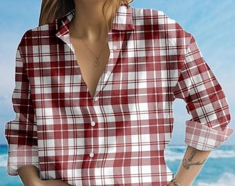 Red White Plaid Blouse Shirt, Classic Gingham Check Shirt, Vintage Casual Long Sleeve Shirt, Fall Flannel Style Shirt, Gift For Her