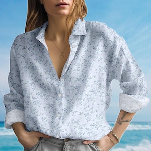 Bird And Floral Blouse Shirt, Light Blue Women Shirt, Cottagecore Spring Shirt, Soft Casual Shirt, Vacation Shirt, Gift For Her