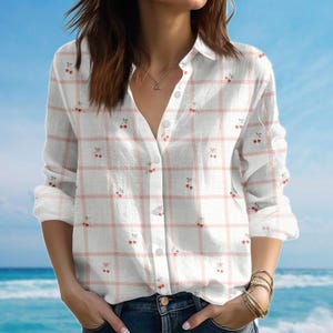 Cherry Plaid Blouse Shirt, Cute Red Fruit Women Shirt, Pink Checkered Long Sleeve Shirt, Cottagecore Casual Shirt, Gift Idea For Her