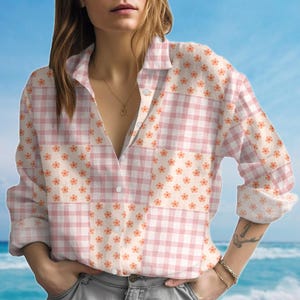 Gingham Floral Blouse Shirt, Vintage Plaid Button Women Shirt, Cottagecore Shirt, Summer Lightweight Floral Blouse, Gift For Her