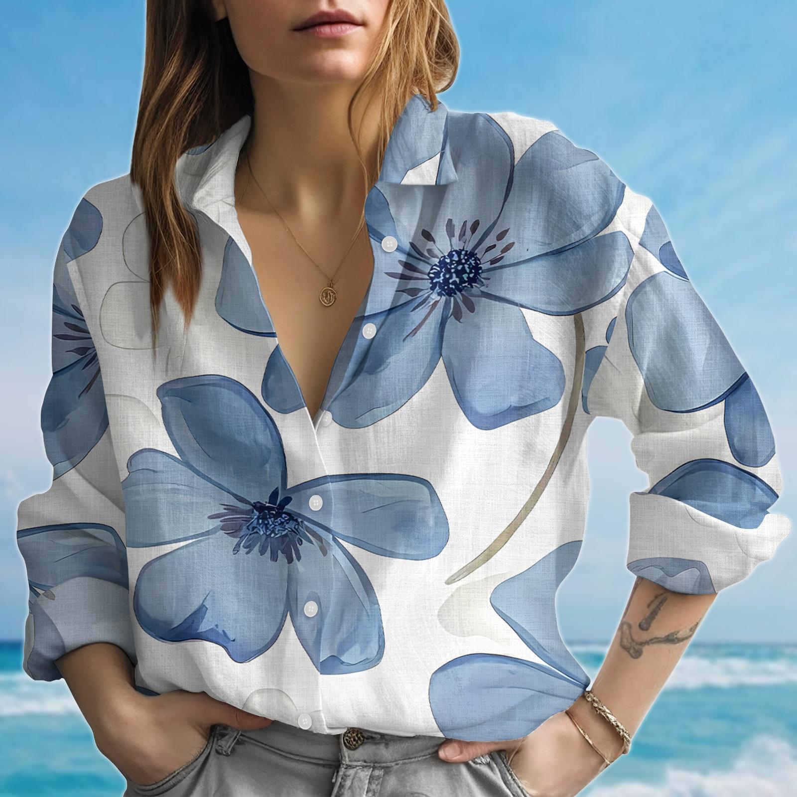 Bold Blue Floral Blouse Shirt For Women, Flower Button Down Blouse, Lightweight Casual Vacation Top, Summer Vibes Shirt, Gift For Her