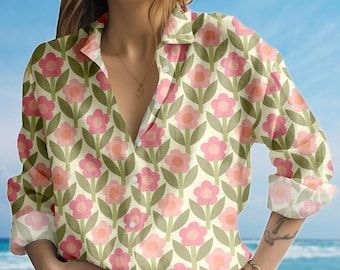 Retro Floral Blouse Shirt, Pink Orange Flower Women Shirt, Mod Botanical Casual Shirt, Vintage Summer Cottagecore Shirt, Gift For Her