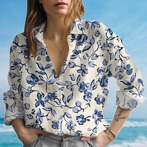 Blue Floral Blouse Shirt, Flowers Lover Women Shirt, Casual Summer Vacation Lightweight Shirt, Nature Lovers Shirt, Gift For Her