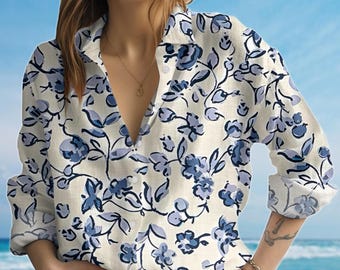 Blue Floral Blouse Shirt, Flowers Lover Women Shirt, Casual Summer Vacation Lightweight Shirt, Nature Lovers Shirt, Gift For Her