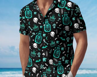 Camisa de bruja, camisa hawaiana espeluznante, camisa tropical de manga corta, camisa ocultista, camisa de vacaciones familiares, camisa para hombre, regalo para él