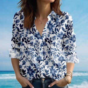 Vintage Floral Blouse Shirt, Retro Blue And White Women Shirt, Elegant Women Button Shirt, Romantic Cottagecore Shirt, Gift For Her