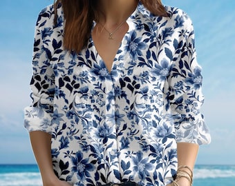 Vintage Floral Blouse Shirt, Retro Blue And White Women Shirt, Elegant Women Button Shirt, Romantic Cottagecore Shirt, Gift For Her