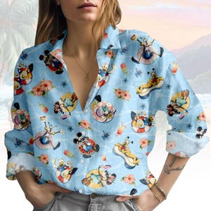 Blusa/Camisa de crucero Disney, Camisa de botones de vacaciones tropicales de Mickey y Minnie, Camisa de mujer con personaje de Pluto, Conjunto de vacaciones Disney, Regalo para