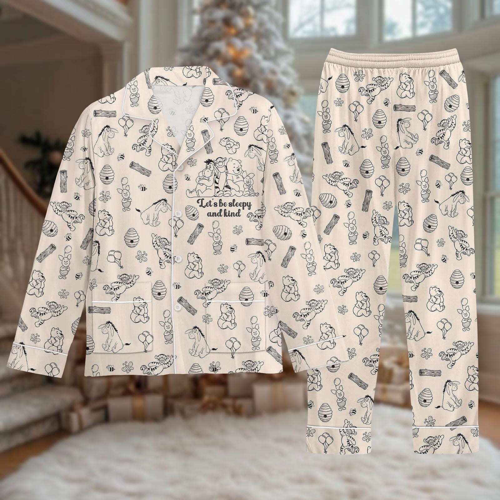 Discover Cute Winnie the Pooh Thick Pajama Set, Cream Long Sleeve Sleepwear, Cozy Gift For Her