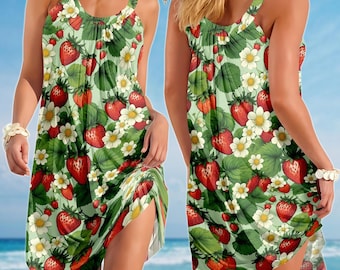 Strawberry Floral Sling Summer Dress, Cute Sleeveless Sundress, Beach Picnic Women Dress, Fruit Print Vacation Dress, Gift For Her