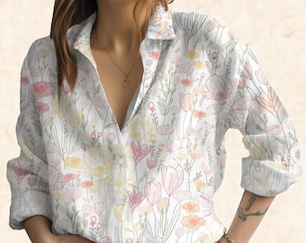 Blouseshirt met pastelkleurige wilde bloemen, blouse met bloemen button-down, lente zomershirt voor vrouwen, botanisch shirt, cadeau tuinliefhebber