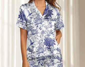 Conjunto de pijama corto de satén con estampado floral azul, pijama vintage con flores para mujer, ropa de dormir elegante, ropa de dormir estilo cottagecore, regalo para ella